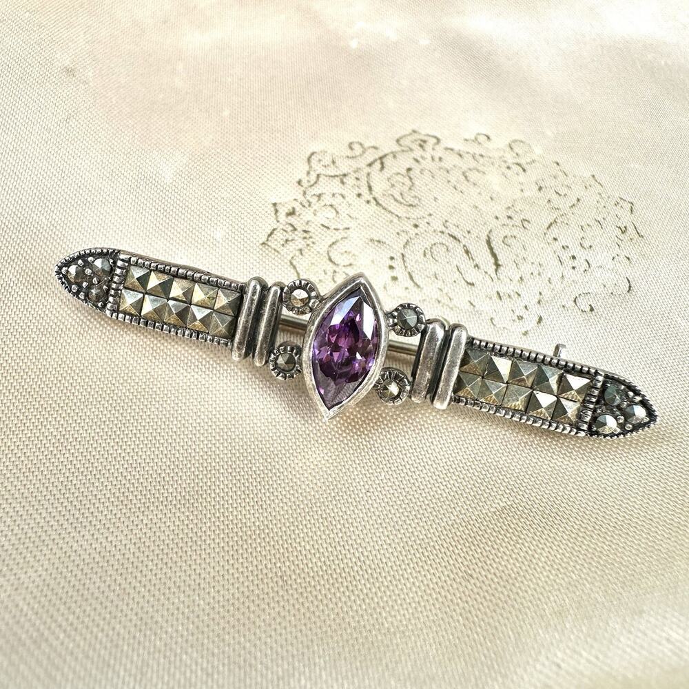 Amethyst Bar Brooch Sterling Silver 925 Vintage Pin Deco Style Charles Winston